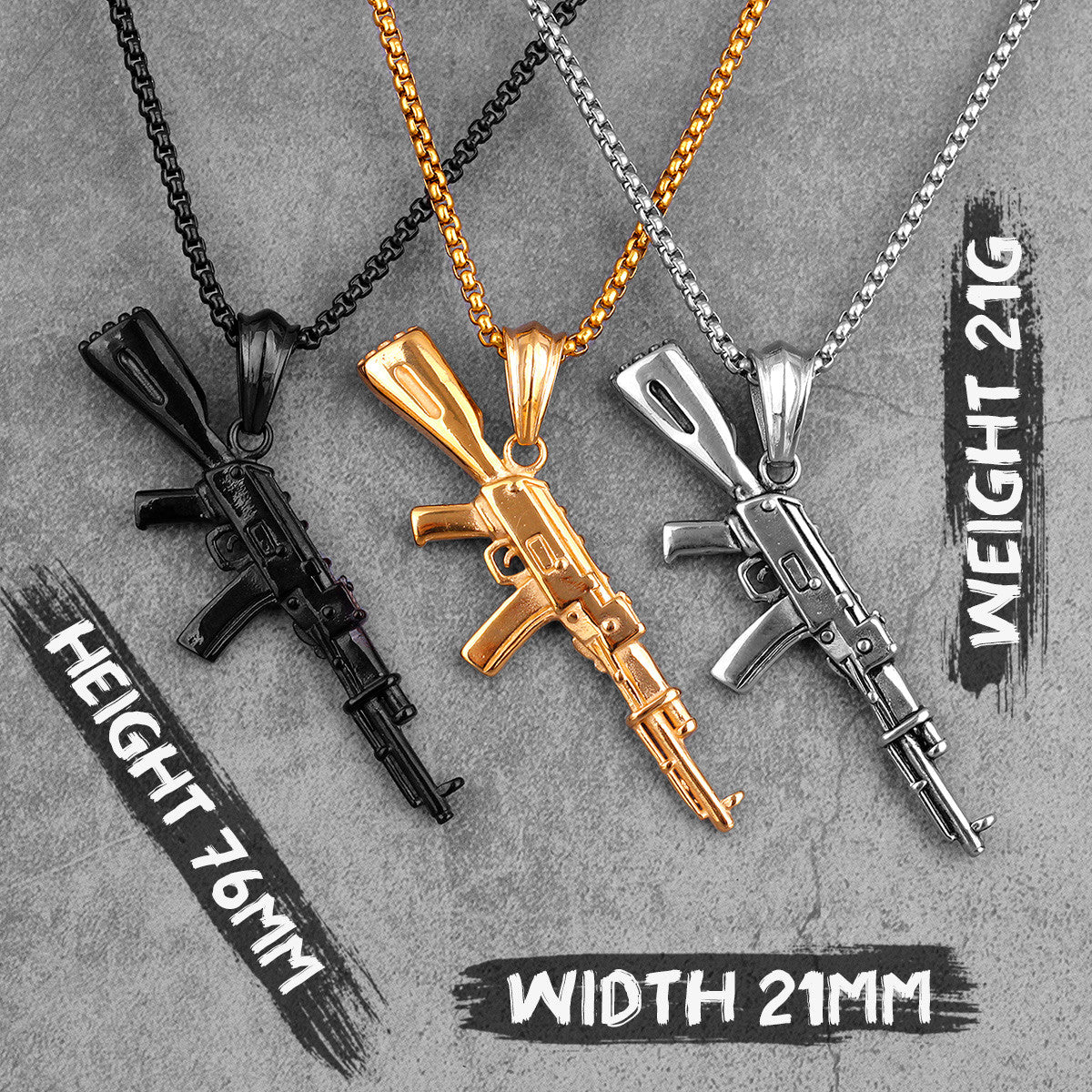 AK47 | No Fade 316L Stainless Steel Hip Hop 14k Gold Men's Gun Pendant Chain