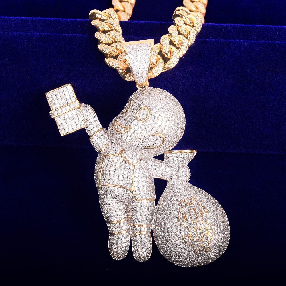 Baby Casper Money Bags AAA Micro Pave 18k Gold Hip Hop Pendant Chain Necklace