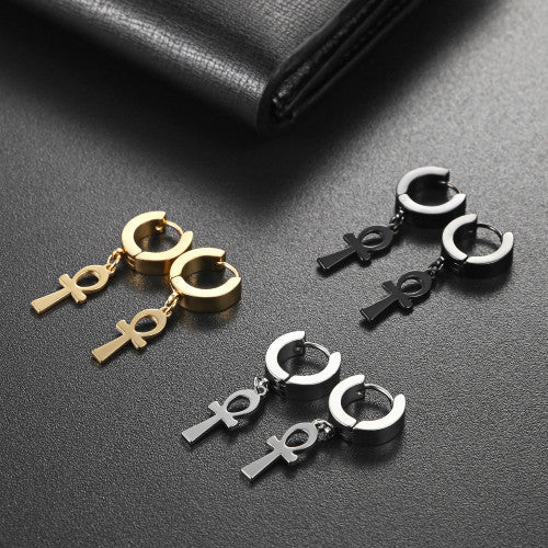 Key Of The Nile Gold Silver Rose Gold Stainless Steel Ankh Cross Huggie Earrings