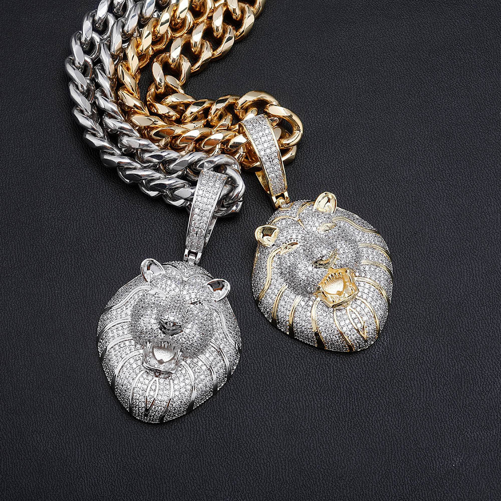 The 14k Gold .925 Silver King Lion Hip Hop AAA True Micro Paved Hip Hop Pendant Chain Necklace
