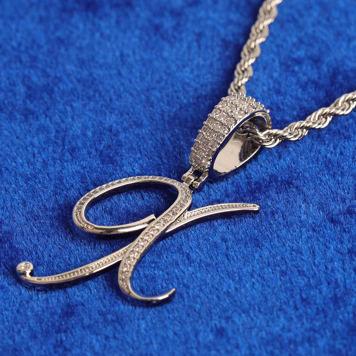 24k Gold .925 Silver 5A Simulate Diamond Cursive Letter Bling Bling Chain Necklace