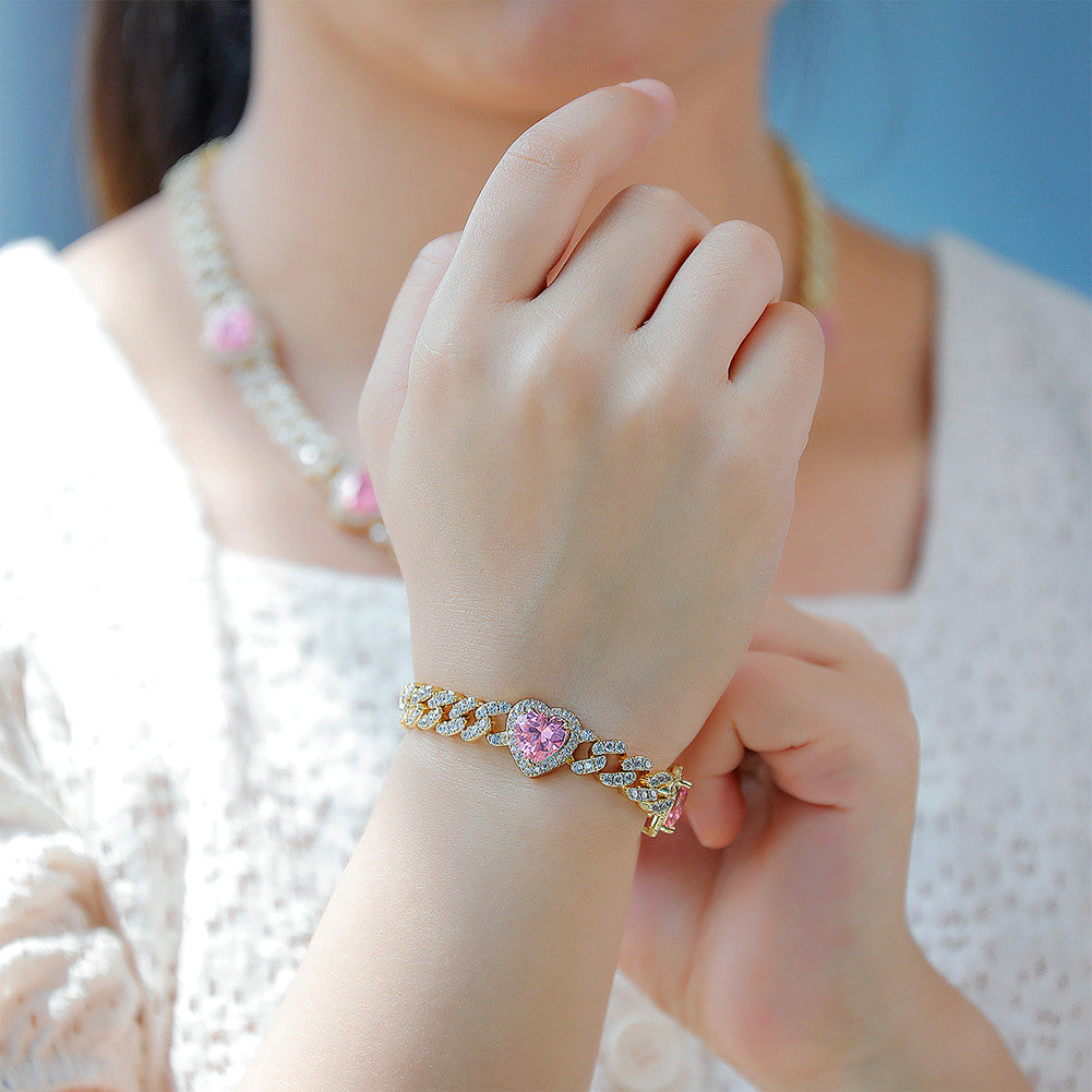 Pink Desire | New 8MM VVS Diamond CZ Cuban Link Pink Heart Bling Gemstone Bracelet