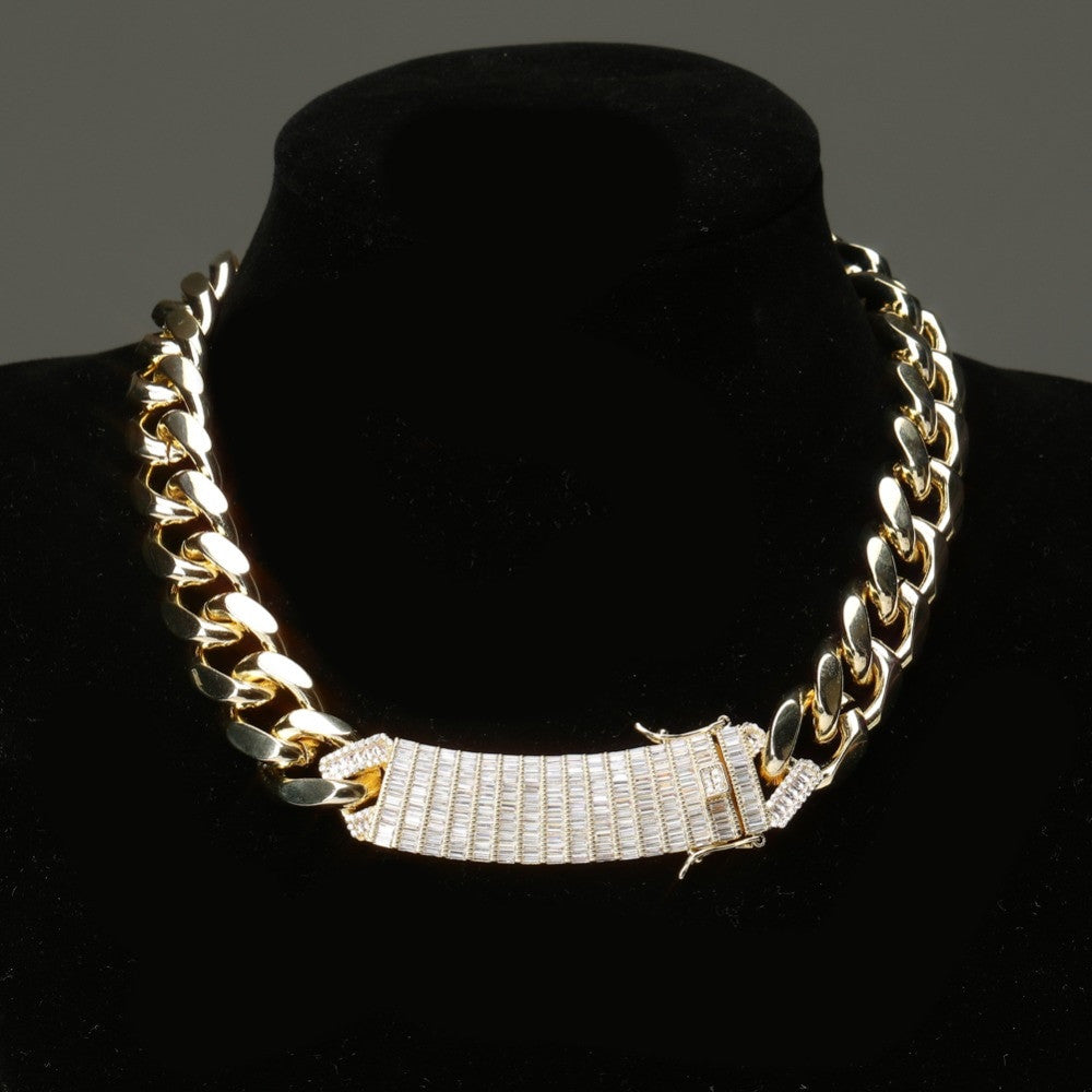 Iced 18mm Long Lock Clasp Blinged Out AAA Baguette Prong Pave Setting Cuban Link Chain Necklace
