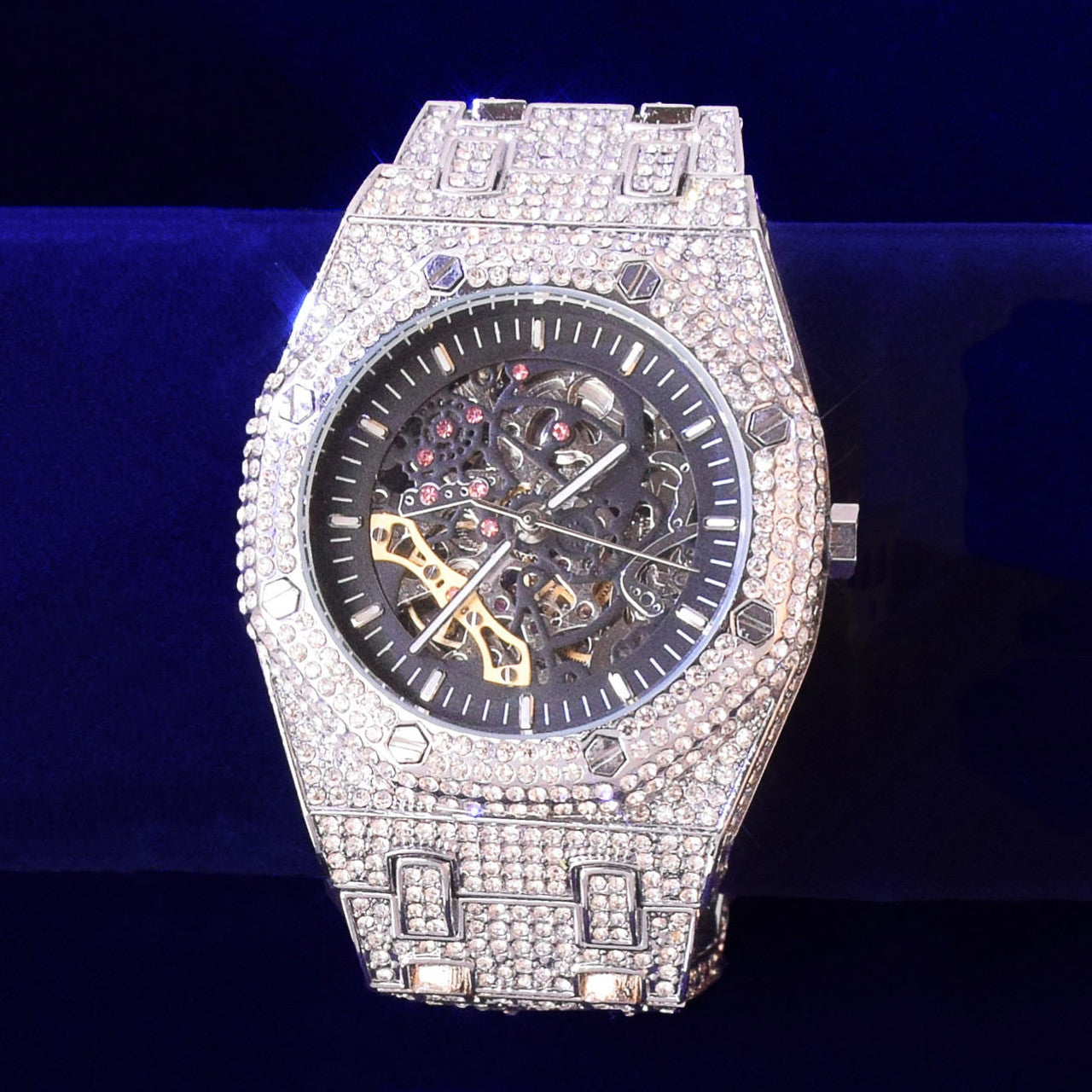 18k .925 Silver Rose Gold Men's Mechanical Dial Luxury Fully Iced Wrist Watch