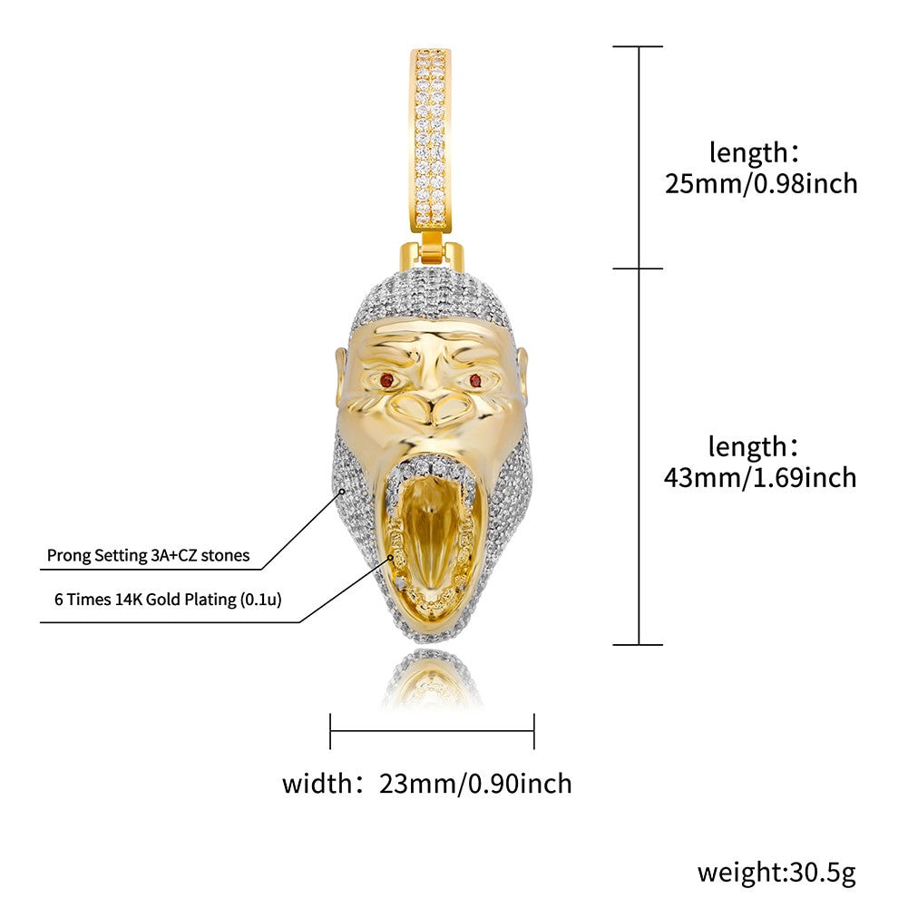 Flooded Ice Bling 14k Gold Gorilla Jungle Skull Hip Hop Pendant Chain Necklace