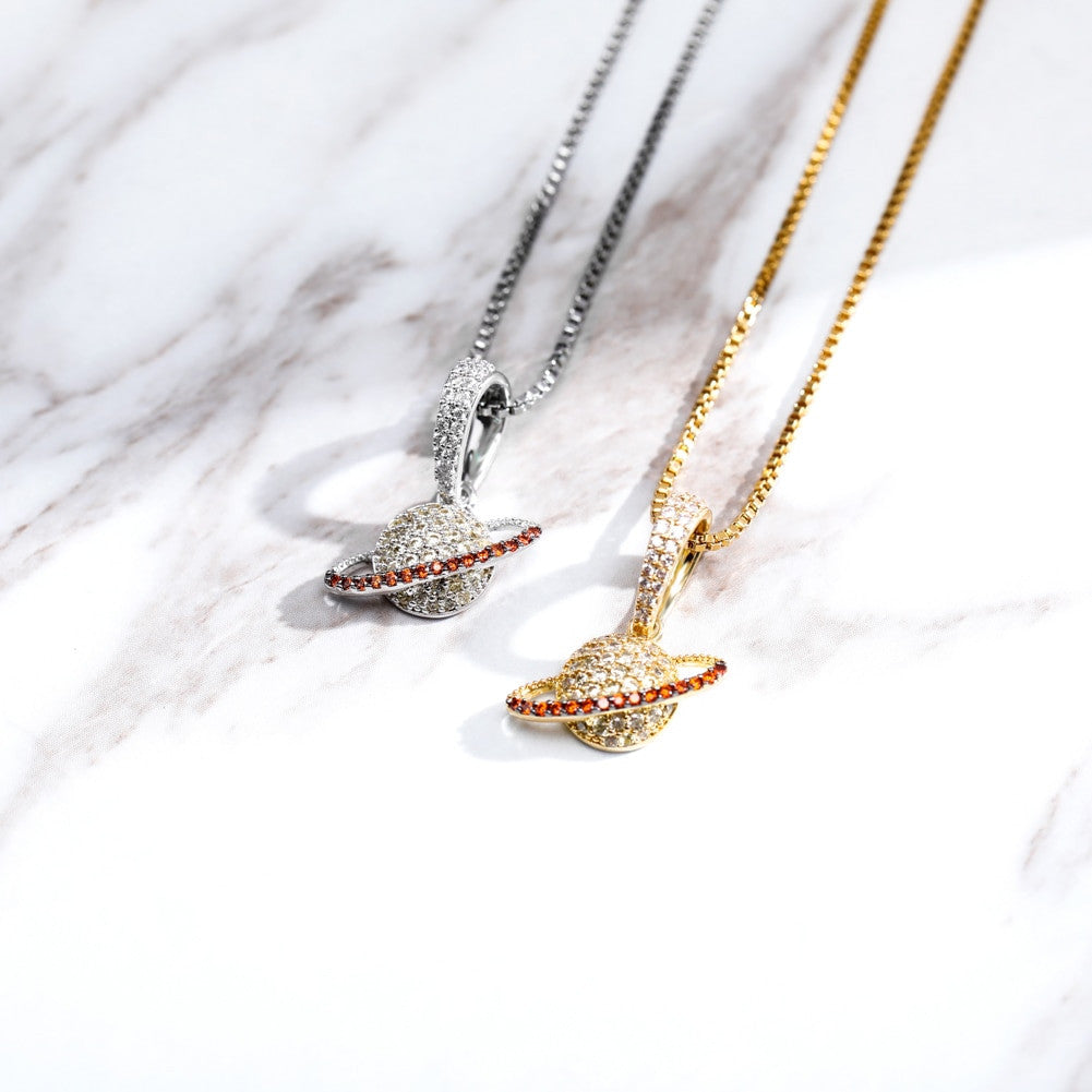 Ladies Love Orbit Solid 925 Sterling Silver Planet AAA Micro Pave Pendant Necklace