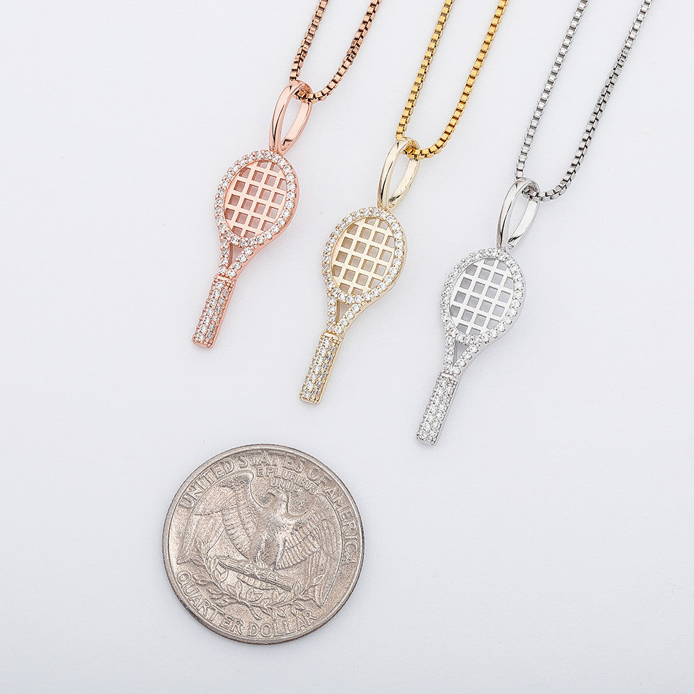 Rose Gold 14k Gold Over .925 Sterling Silver Bling Bling Tennis Racquet Pendant Chain Necklace