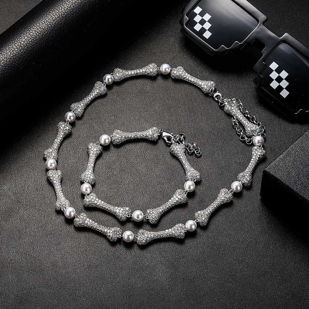 Ladies New Bone & Pearl Simulate Diamond Bling Street Wear Bracelet
