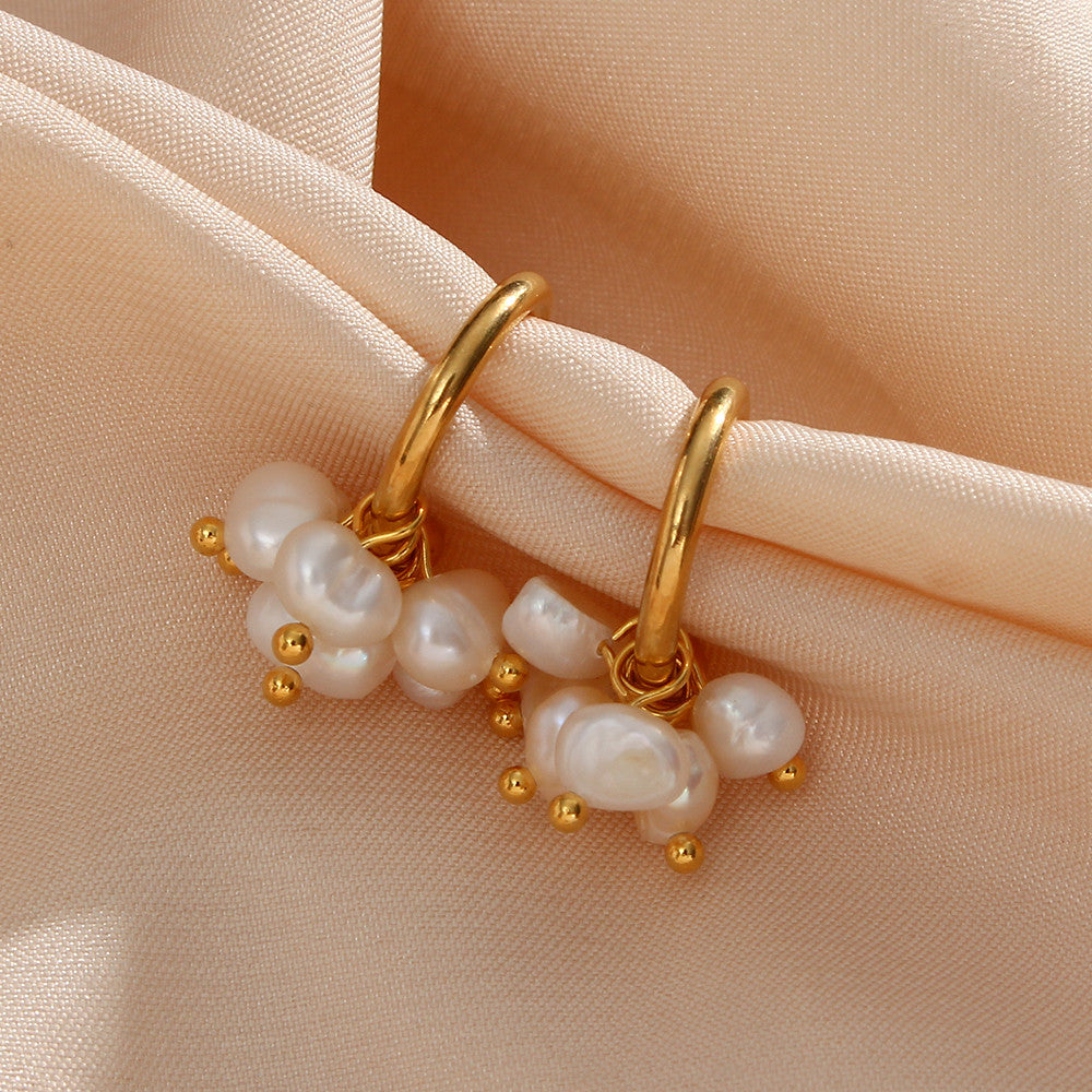 18k Gold Elegant Delicate Freshwater Pearl Stainless Steel Waterproof Hoop Earrings