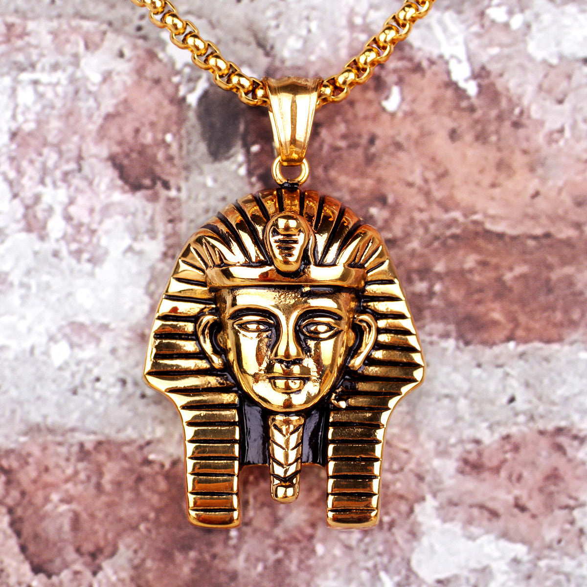 Mens 14k Gold Ancient African Egyptian Pharaoh Hip Hop Pendant Chain Necklace
