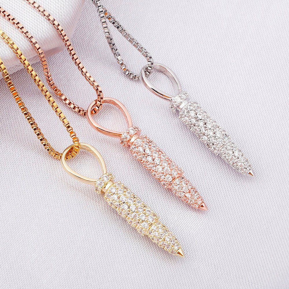 Flooded Ice Solid .925 Sterling Silver Rose 14k Gold Bullet Case Pendant Chain Necklace