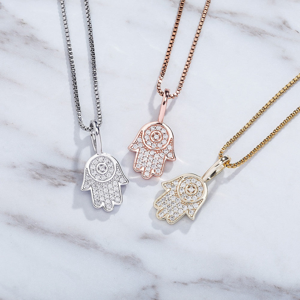 14k Rose Gold Over Sterling Silver Flooded Ice Hamsa Hand Bling Pendant Chain Necklace