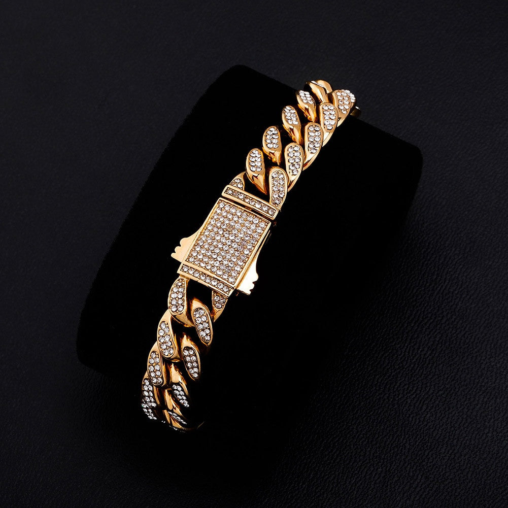 Mens Iced 12mm Stainless Steel Miami Cuban Link Spring Clasp Hip Hop Bracelets