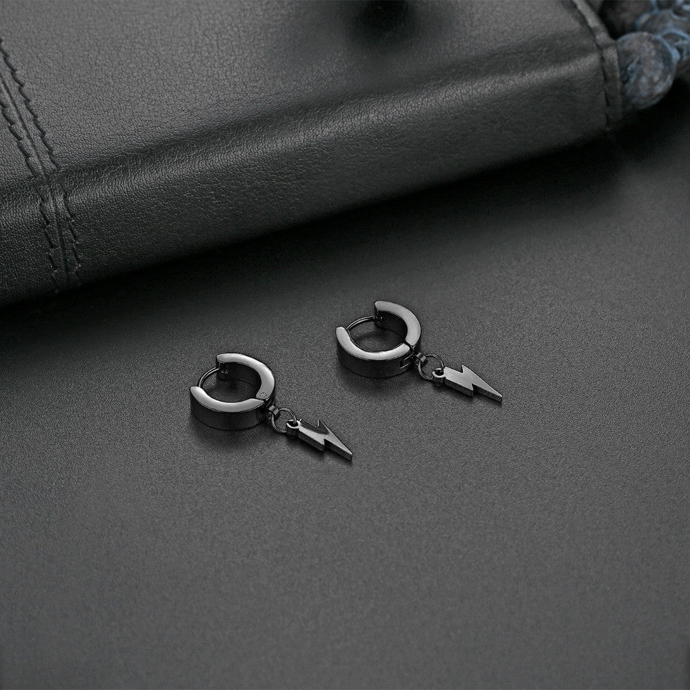 High Fashion No Fade Gold Silver Black Stainless Steel Huggie Lightning Bolt Earrings