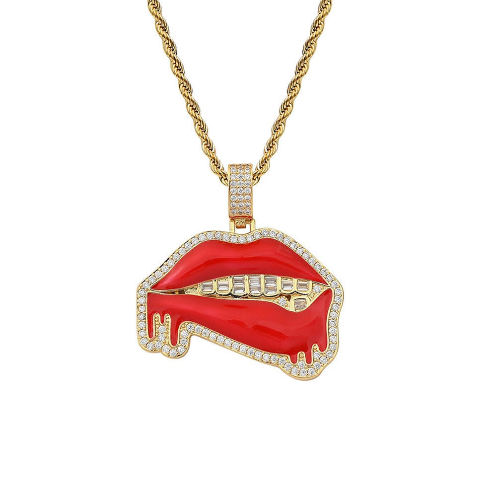 Flooded Ice Baguette Grillz Red Lipstick Dripping Drooling Hot Lips Hip Hop Pendant