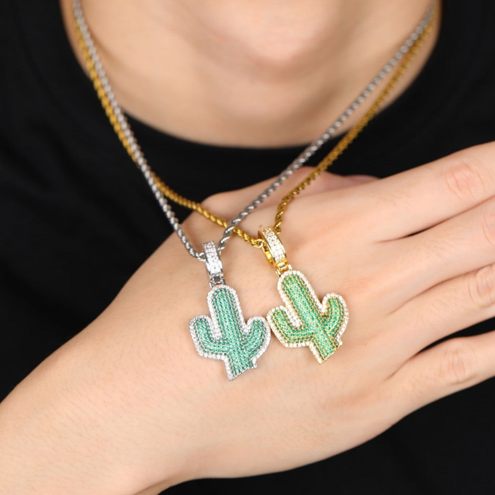 18k Gold 925 Silver Hip Hop Green Cactus Bling Pendant Chain Necklace