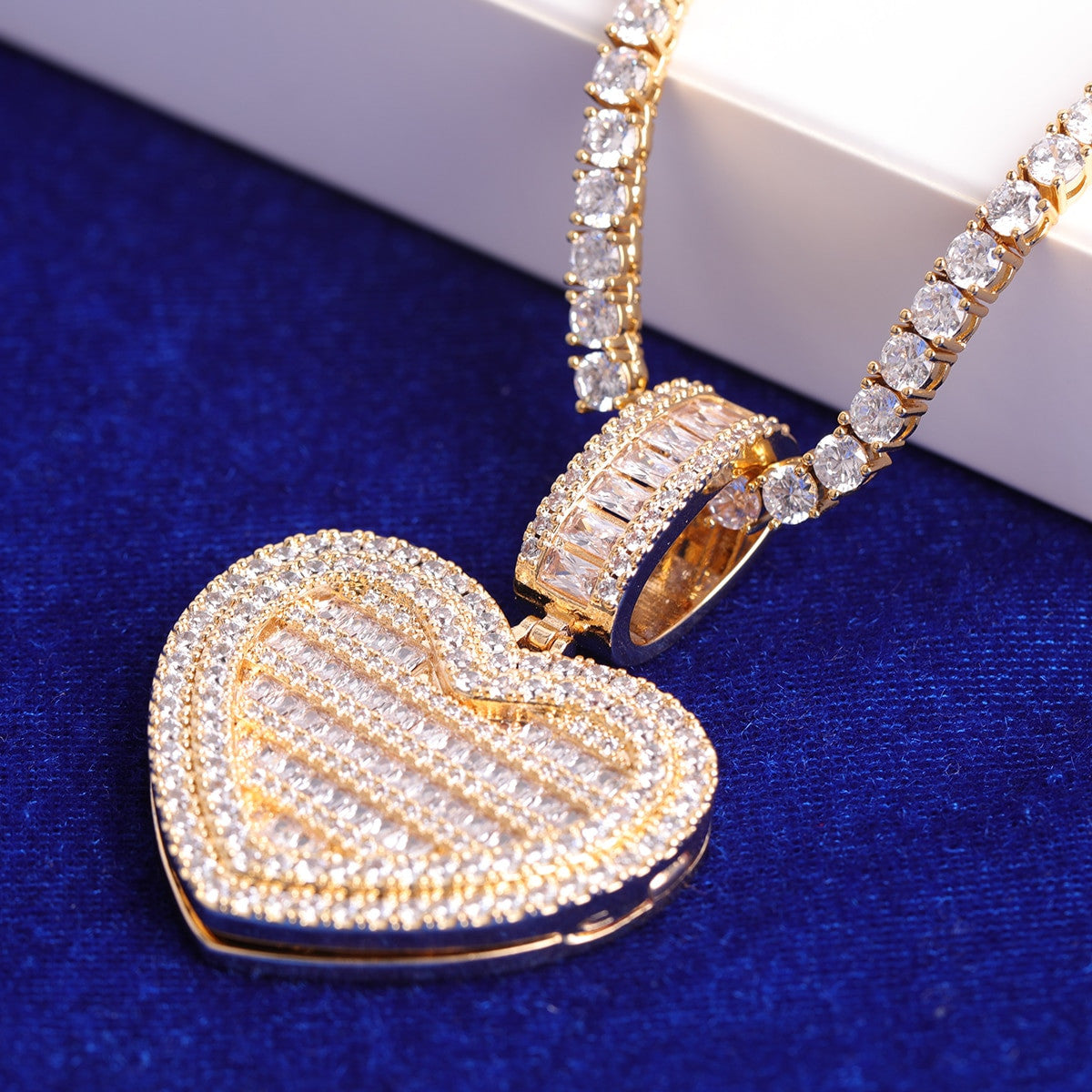 24k Gold Rose Gold .925 Silver Opening Heart Photo Picture Baguette Pendant Chain Necklace
