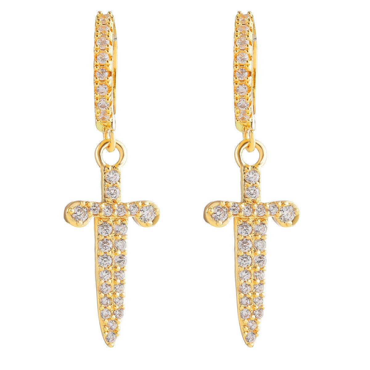 Retro Huggie Dagger | VVS Diamond CZ Hoop Bling 4 Prong Set Stone Dangle Earrings