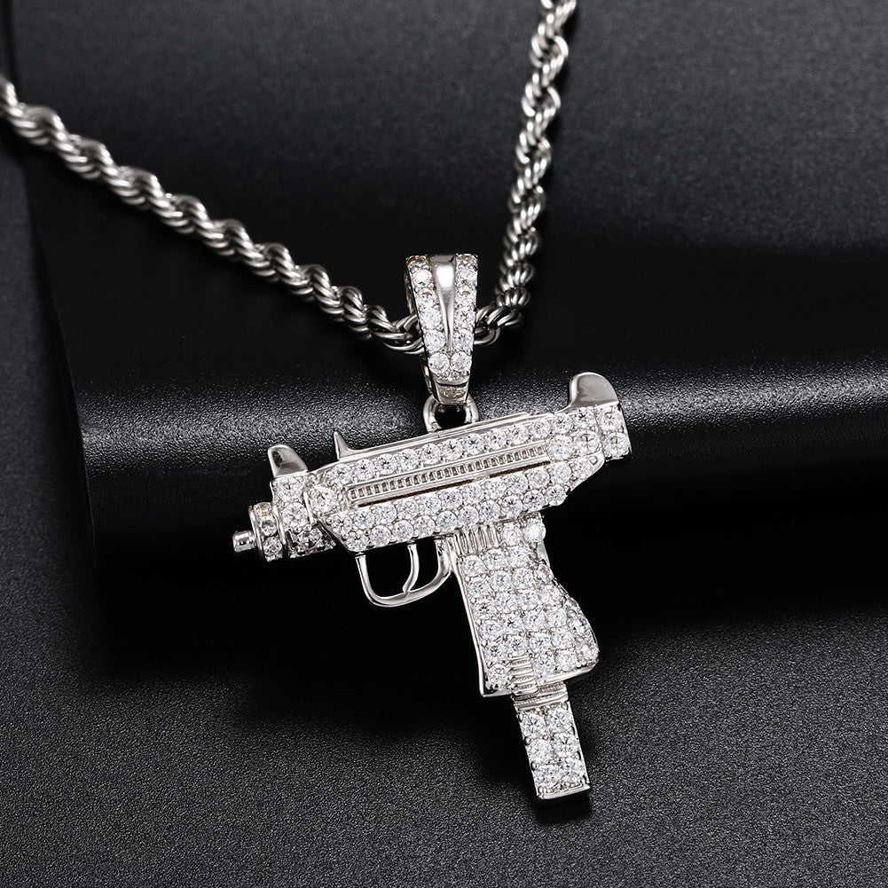 Solid 925 Sterling Silver UZI Machine 5A Diamond Simulate Hip Hop Pendant Chain