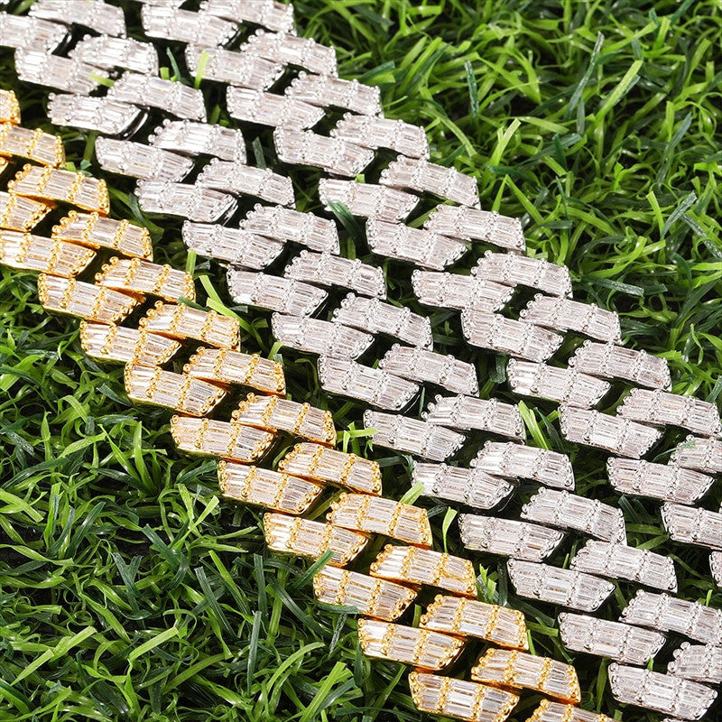 Bust Down 3 Row Baguette Ice Crazy Hip Hop 15MM 18 Inch Cuban Link Chain Necklace