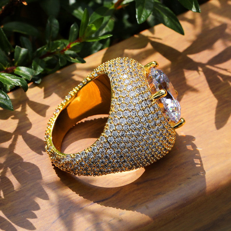 Mens Flooded Ice First Class 18k Gold .925 Silver Center Stone AAA Micro Pave Iced Rings