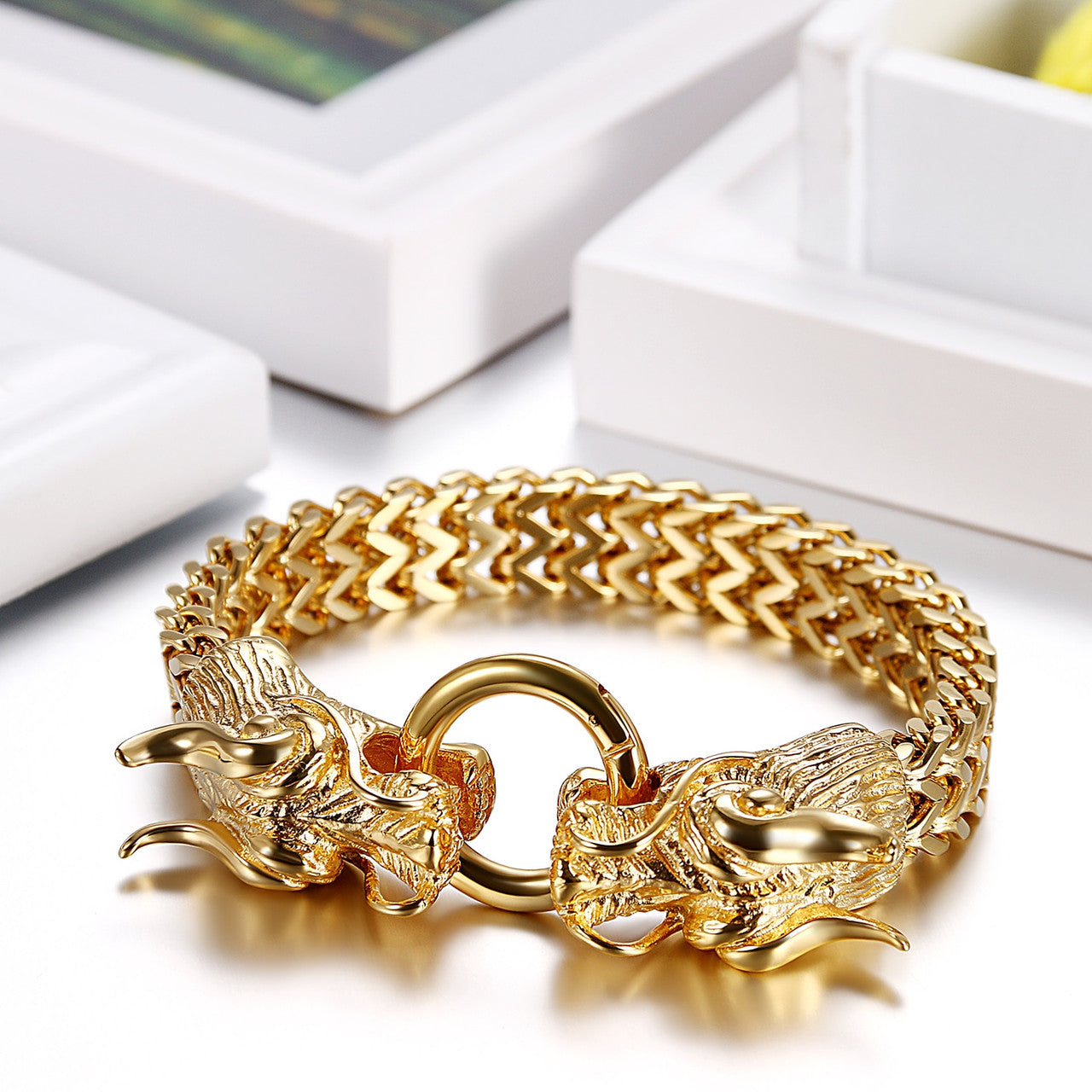 Mens 316L Stainless Steel Foxtail Chinese Style Dragon Chain Bracelet