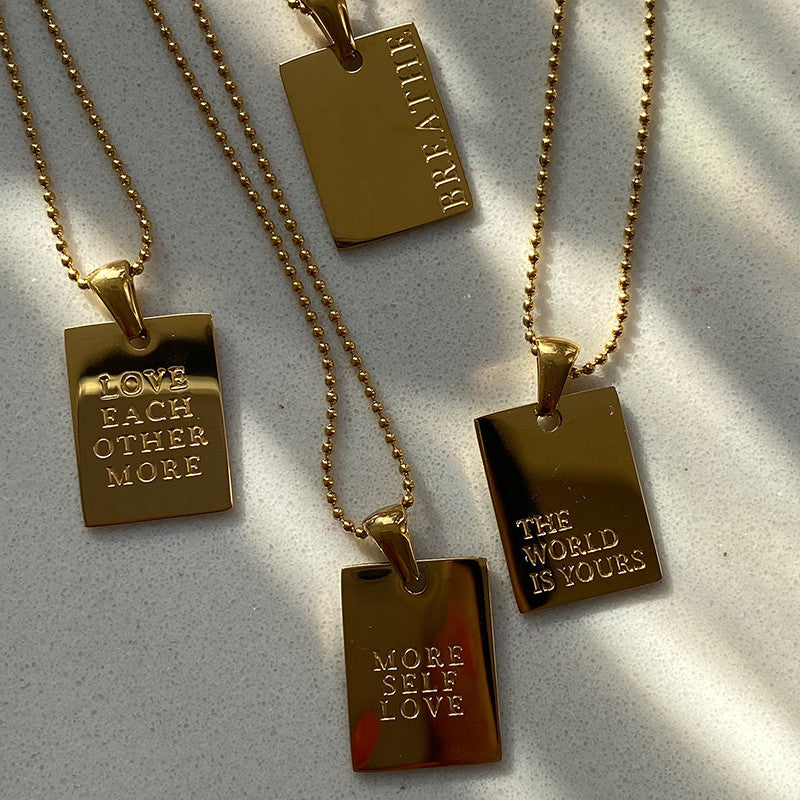 18k Gold Waterproof Self Motivation Stylish Hip Hop Personal Engraved Square Necklace