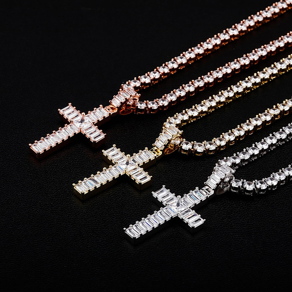 Mens Hip Hop All Squared Baguette Micro Prong Set Bling Cross Pendant