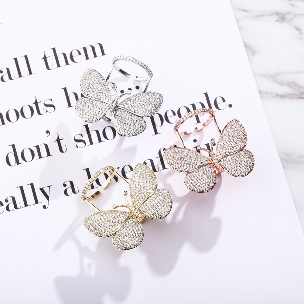 18k 925 Silver Rose Gold Ladies AAA True Micro Pave 3D Butterfly Hip Fashion Ring