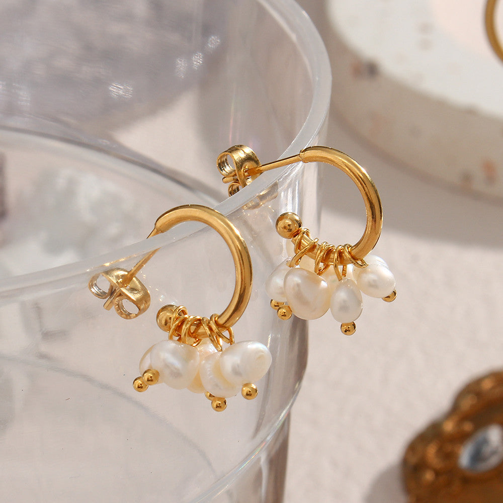 18k Gold Elegant Delicate Freshwater Pearl Stainless Steel Waterproof Hoop Earrings