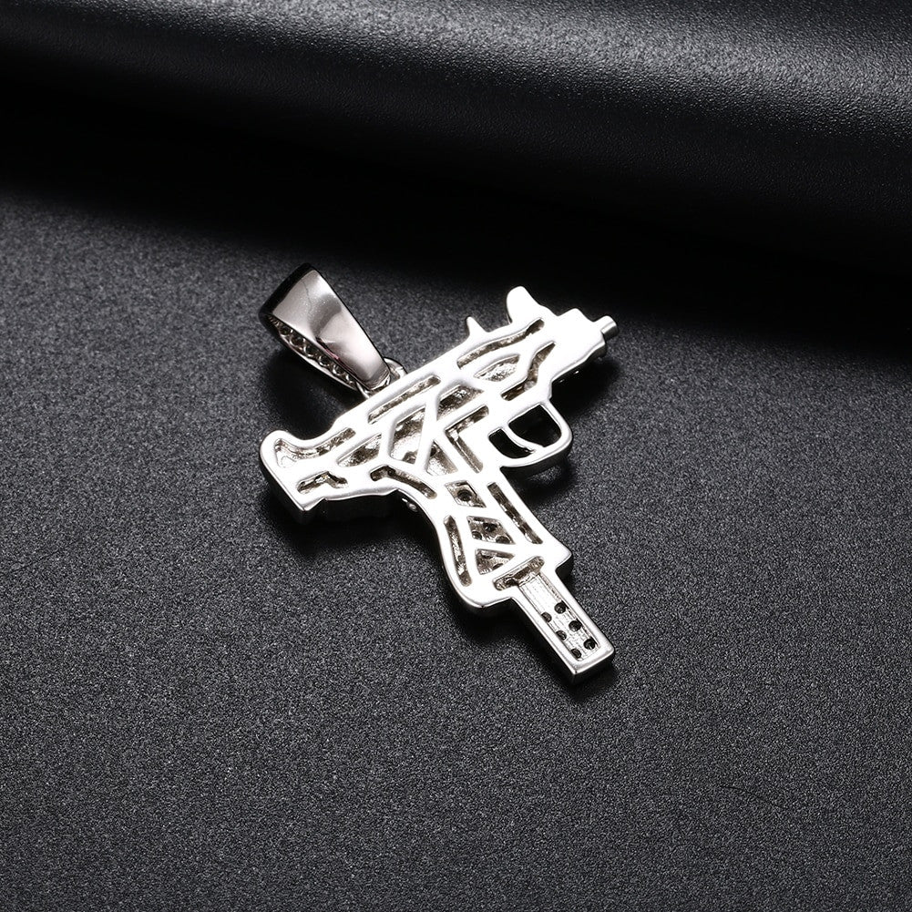 Solid 925 Sterling Silver UZI Machine 5A Diamond Simulate Hip Hop Pendant Chain