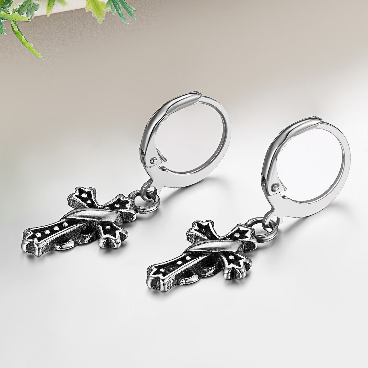 Ribbon Cross Dangle Hoop Huggie Style Stainless Steel Fashion Statement Earrings
