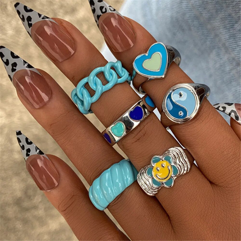Ladies Blue Ocean Cuban Link Yin Yang Sunflower 6 Piece Ring Set