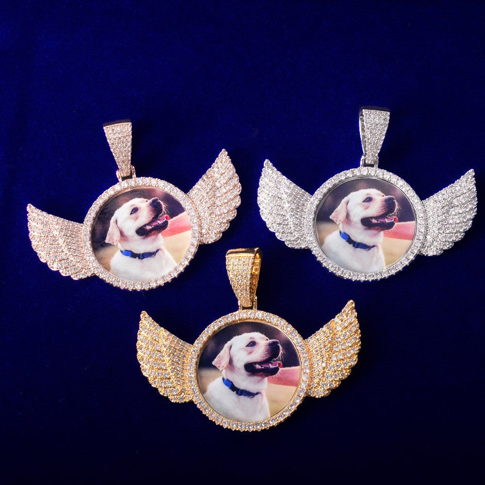 Flooded Ice Angel Wings Solid Back Custom Photo Picture Pendant Chain Necklace