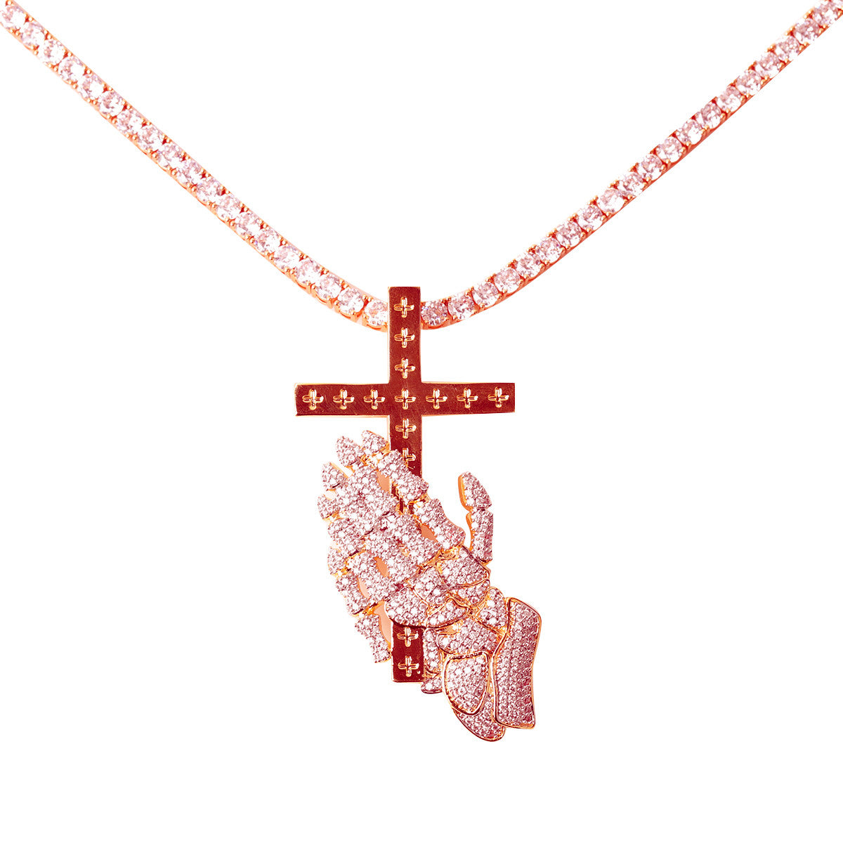 The Faithful | VVS Diamnd CZ Prayer Hands Holding Cross Iced Blinged Out Pendant