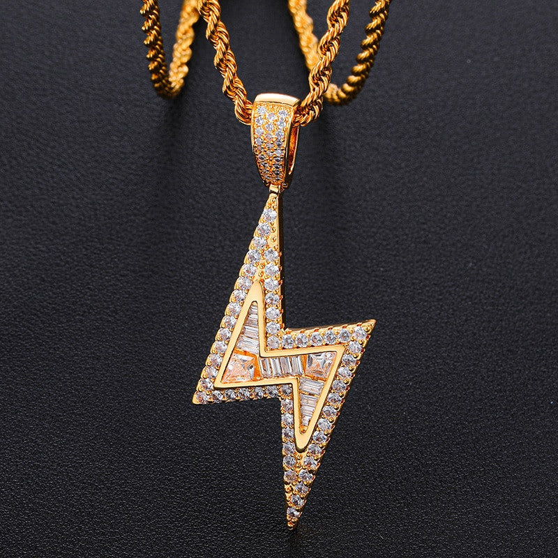 Handset Baguette Stone AAA Micro Pave 18k Gold .925 Silver Lightning Strike Pendant