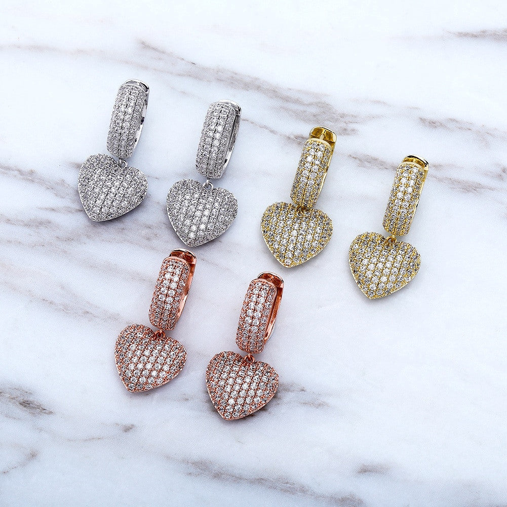 Ladies 5A Micro Pave Huggie Style Bling Bling Heart Earrings