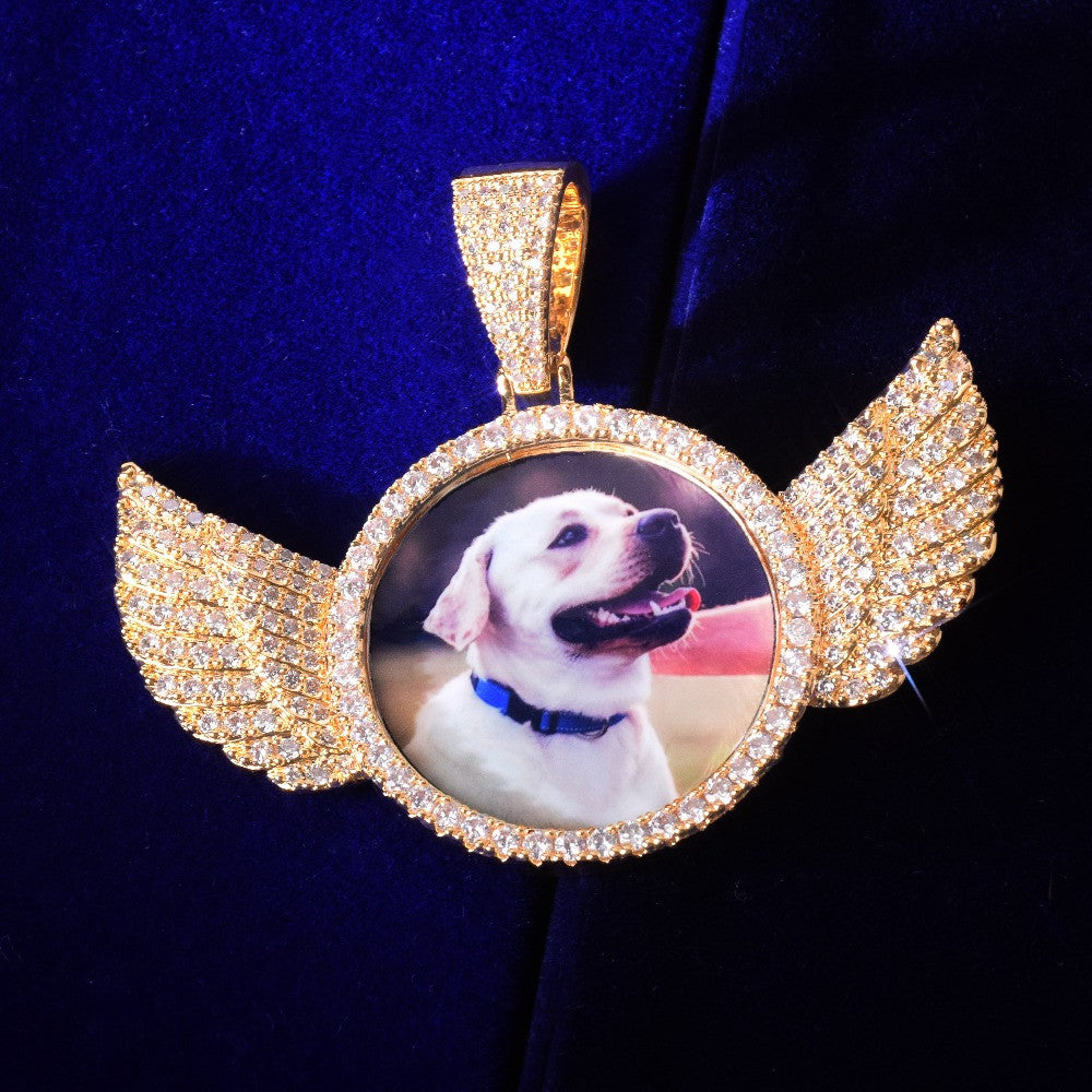 Flooded Ice Angel Wings Solid Back Custom Photo Picture Pendant Chain Necklace