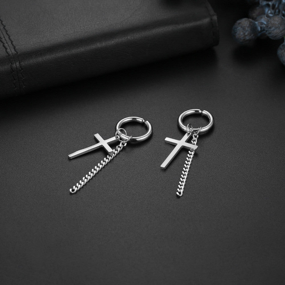 14k Gold Silver Black Cross Chain Hoop Stainless Steel Non Pierced Clamp Bling Earrings