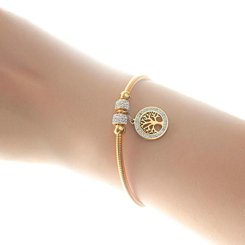 Ladies Tree Of Life Mother Earth No Fade Stainless Steel Gold Silver Rose Bangle Bracelet