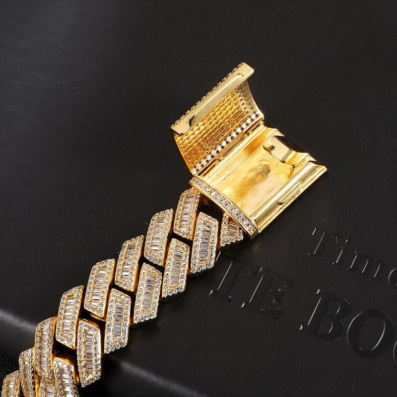 14k White Yellow Gold Hip Hop 21MM 3 Row Baguette Cuban Link Bling Chain Necklace