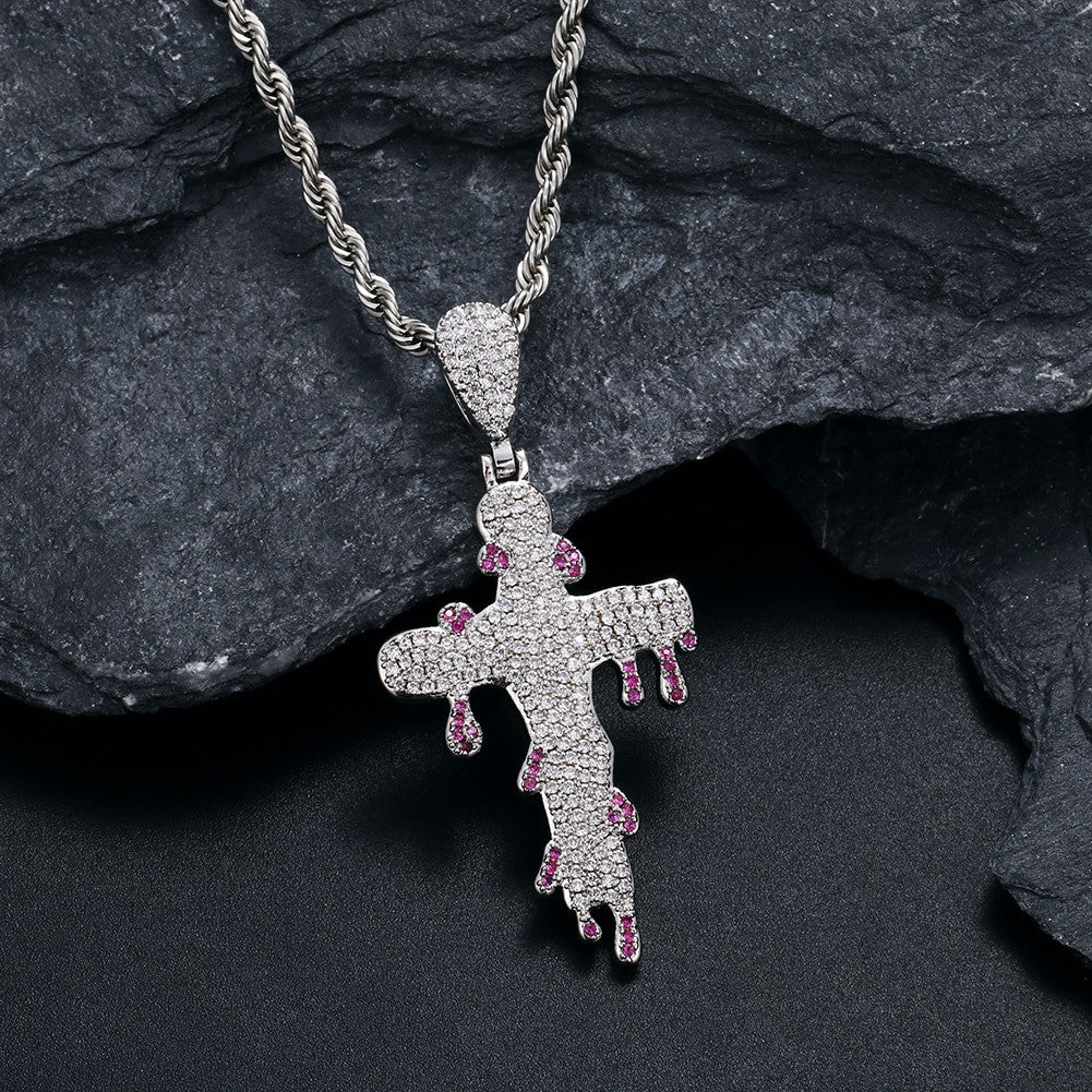 Mens Blood Dripping 18k Gold 925 Silver Hip Hop Street Wear Cross Pendant