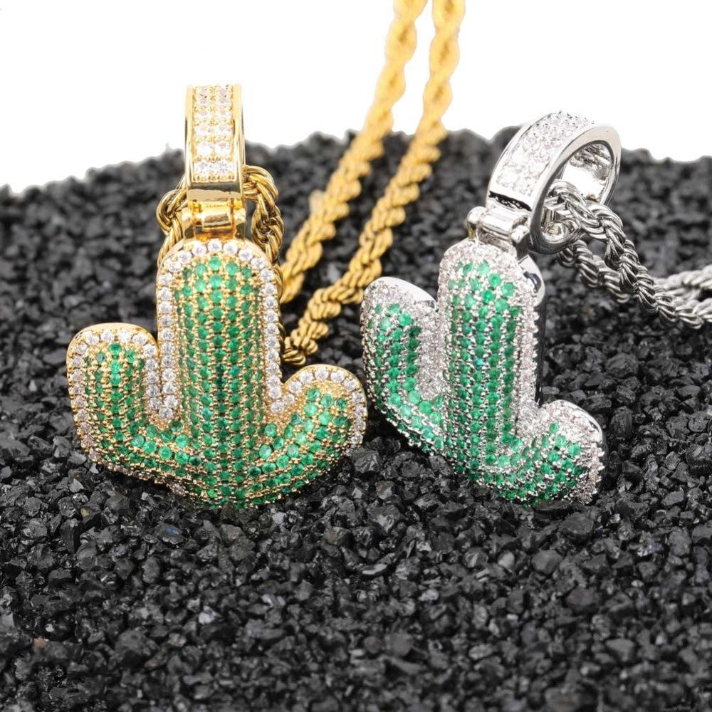 18k Gold 925 Silver Hip Hop Green Cactus Bling Pendant Chain Necklace