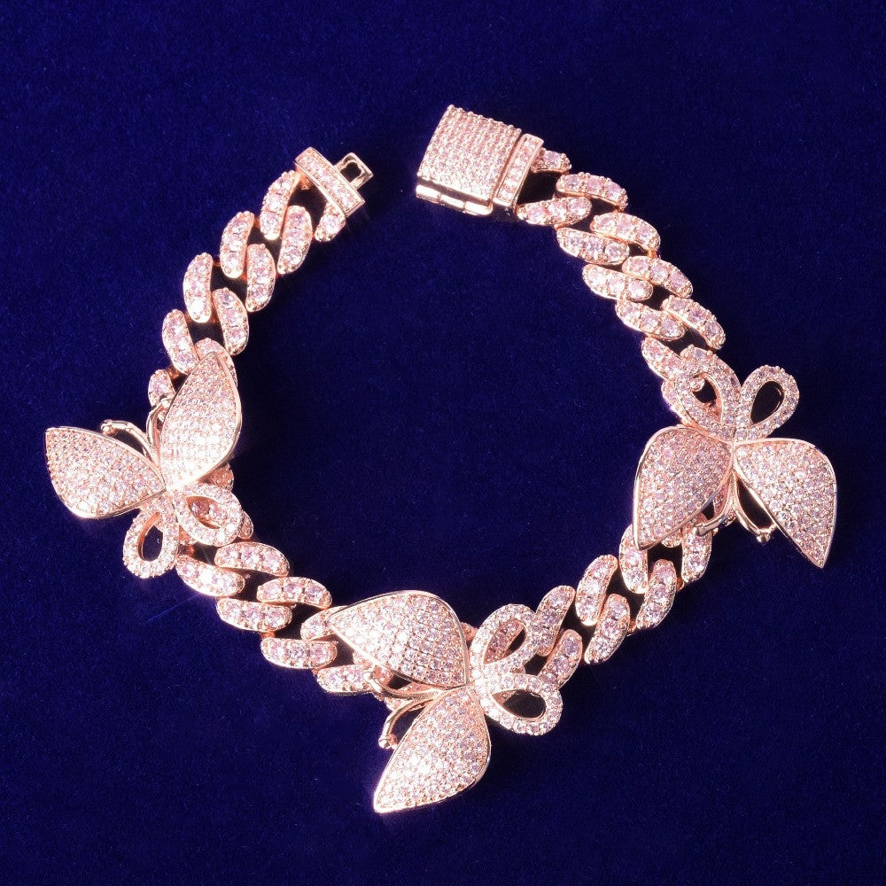 24k Rose Gold Sexy Ladies 10mm Miami Cuban Link Pink Butterfly AAA Micro Pave Bracelet