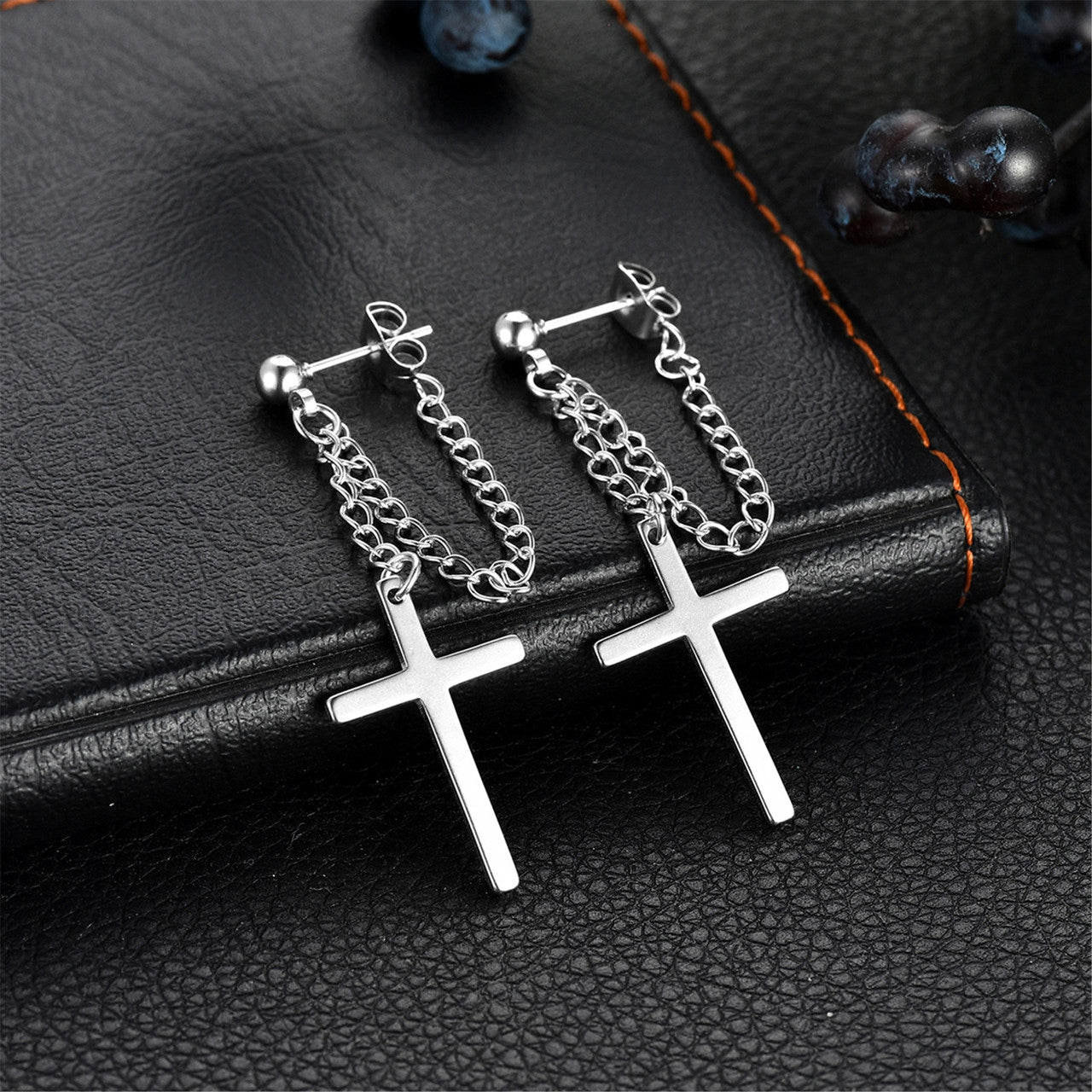 Retro Dangling Stud Cross Gold Black Silver Stainless Steel Chain Earrings