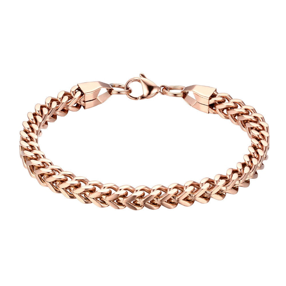 Mens High Fashion No Fade 14k Rose Gold Silver Black Stainless Steel Franco Link Bracelet