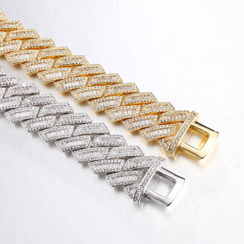 14k White Yellow Gold Hip Hop 21MM 3 Row Baguette Cuban Link Bling Chain Necklace