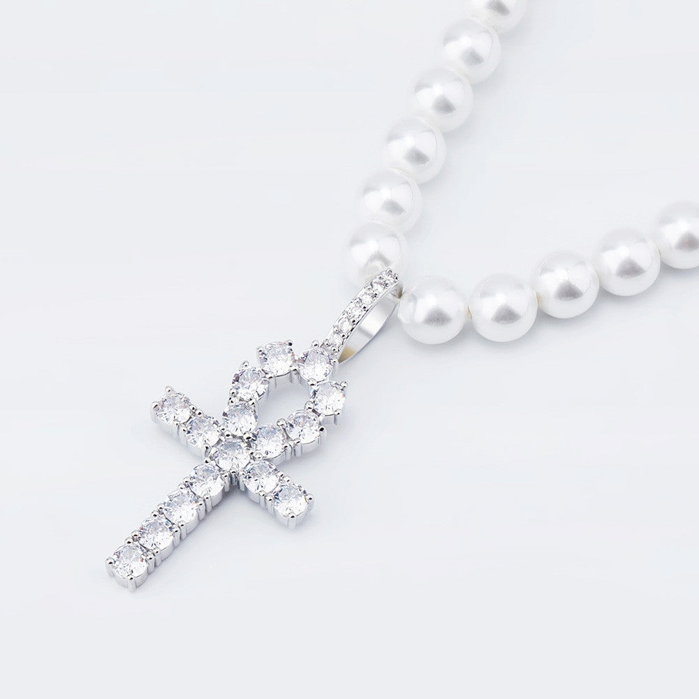 Ladies High Fashion Vintage Look White Pearl Necklace Flooded Ice Butterfly Pendant Charm