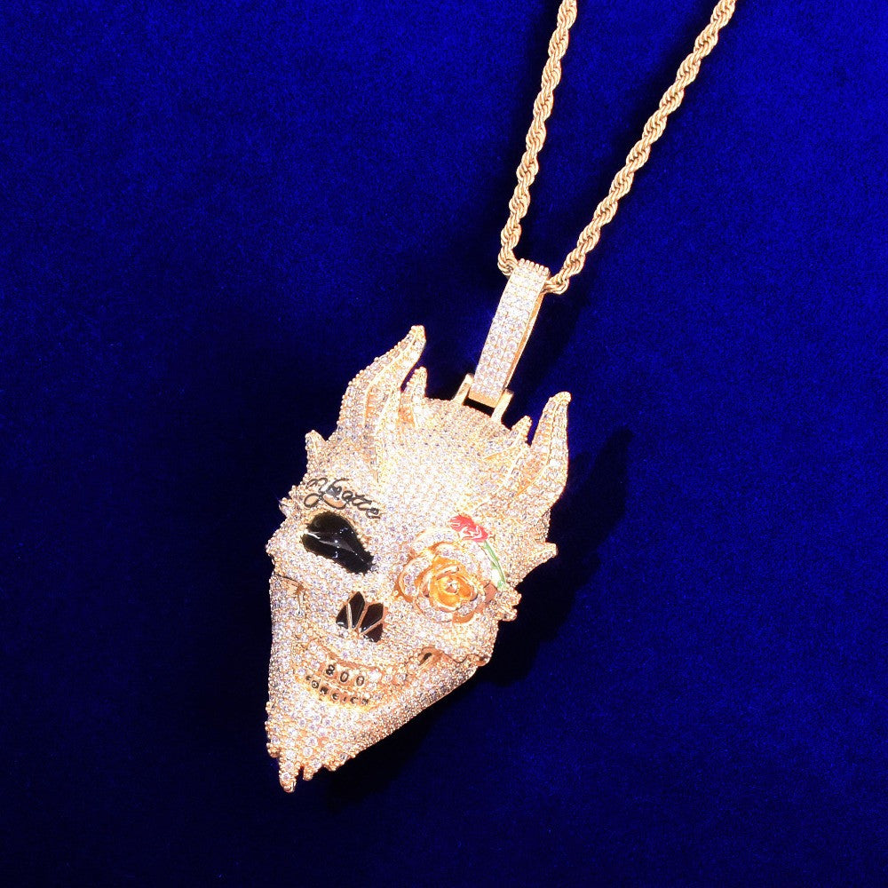 Rose Eye Demon | 18k Yellow 14k White Gold Multi Horned Iced Demon Skull Pendant
