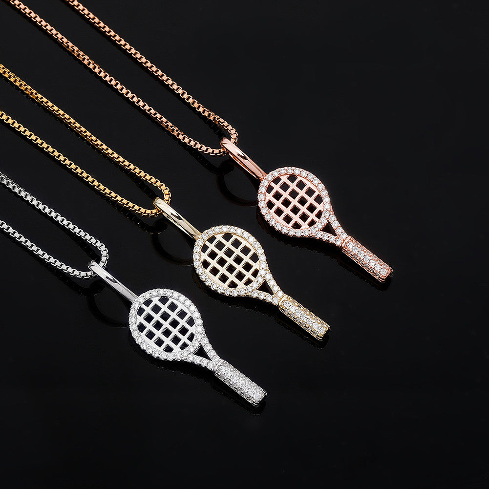 Rose Gold 14k Gold Over .925 Sterling Silver Bling Bling Tennis Racquet Pendant Chain Necklace